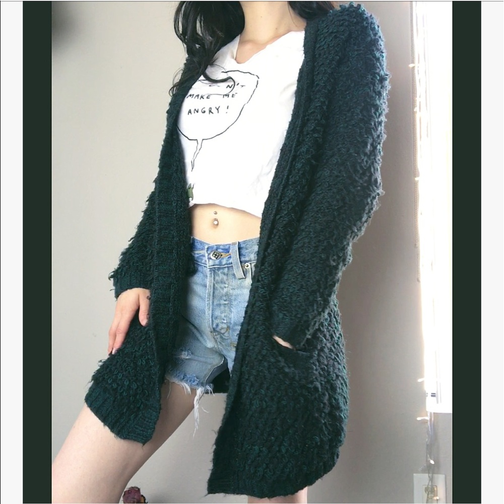 FOREVER 21 FUZZY/FLUFFY GREEN CARDIGAN - Picture 1 of 4